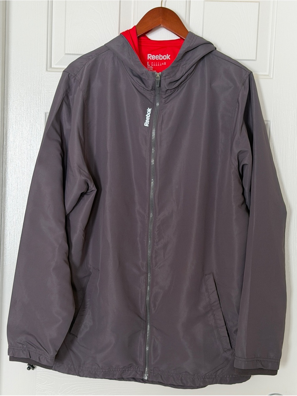 Reebok Gray Hooded Windbreaker Jacket Womens Large Lightweight Full Zip